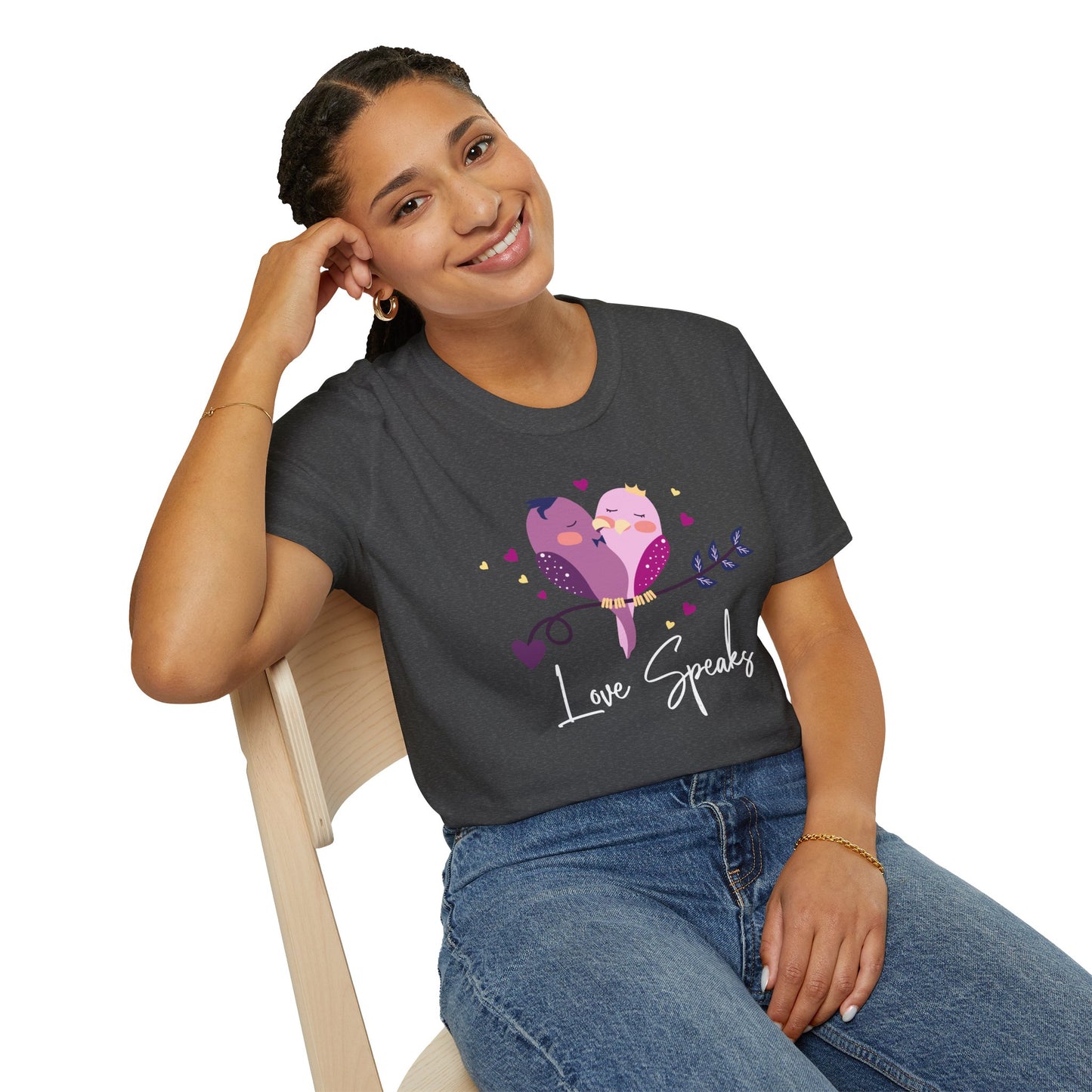 Love Speaks T-Shirt, Cute Bird Graphic Tee, Valentine's Day Gift, Relationship Shirt, Softstyle Top