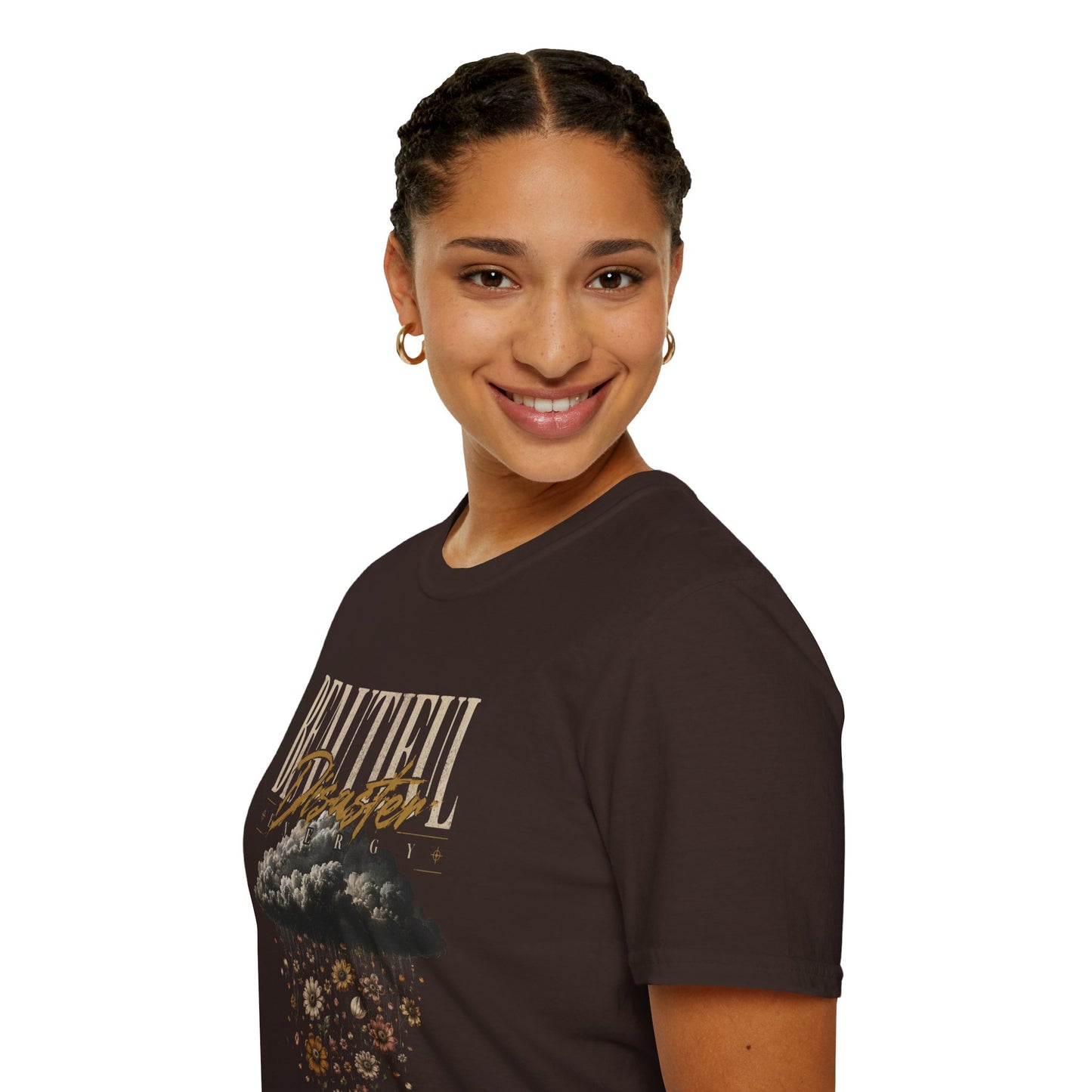 Beautiful Disaster Energy Flow T-Shirt – Floral Rain Cloud Graphic Tee, For Her