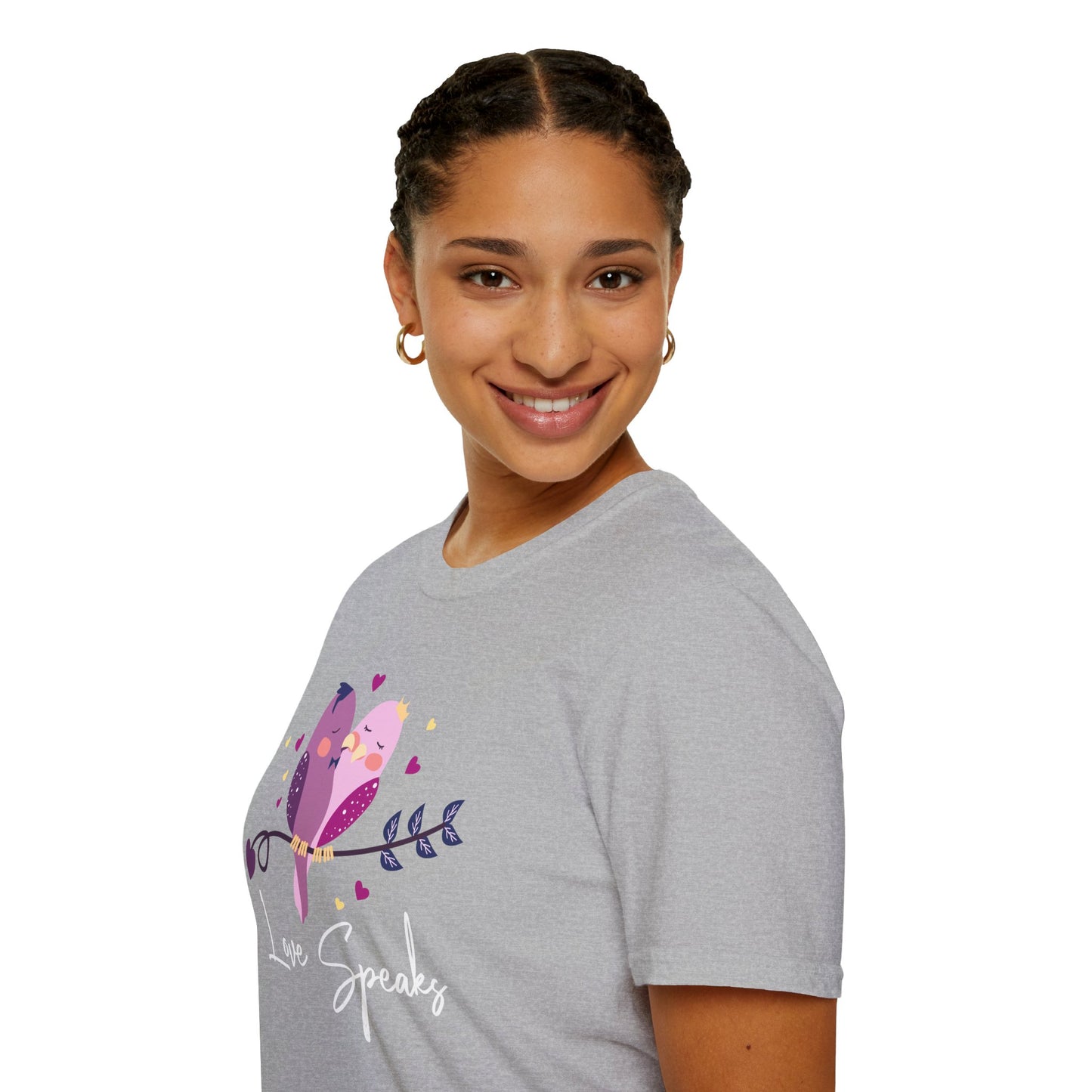 Love Speaks T-Shirt, Cute Bird Graphic Tee, Valentine's Day Gift, Relationship Shirt, Softstyle Top