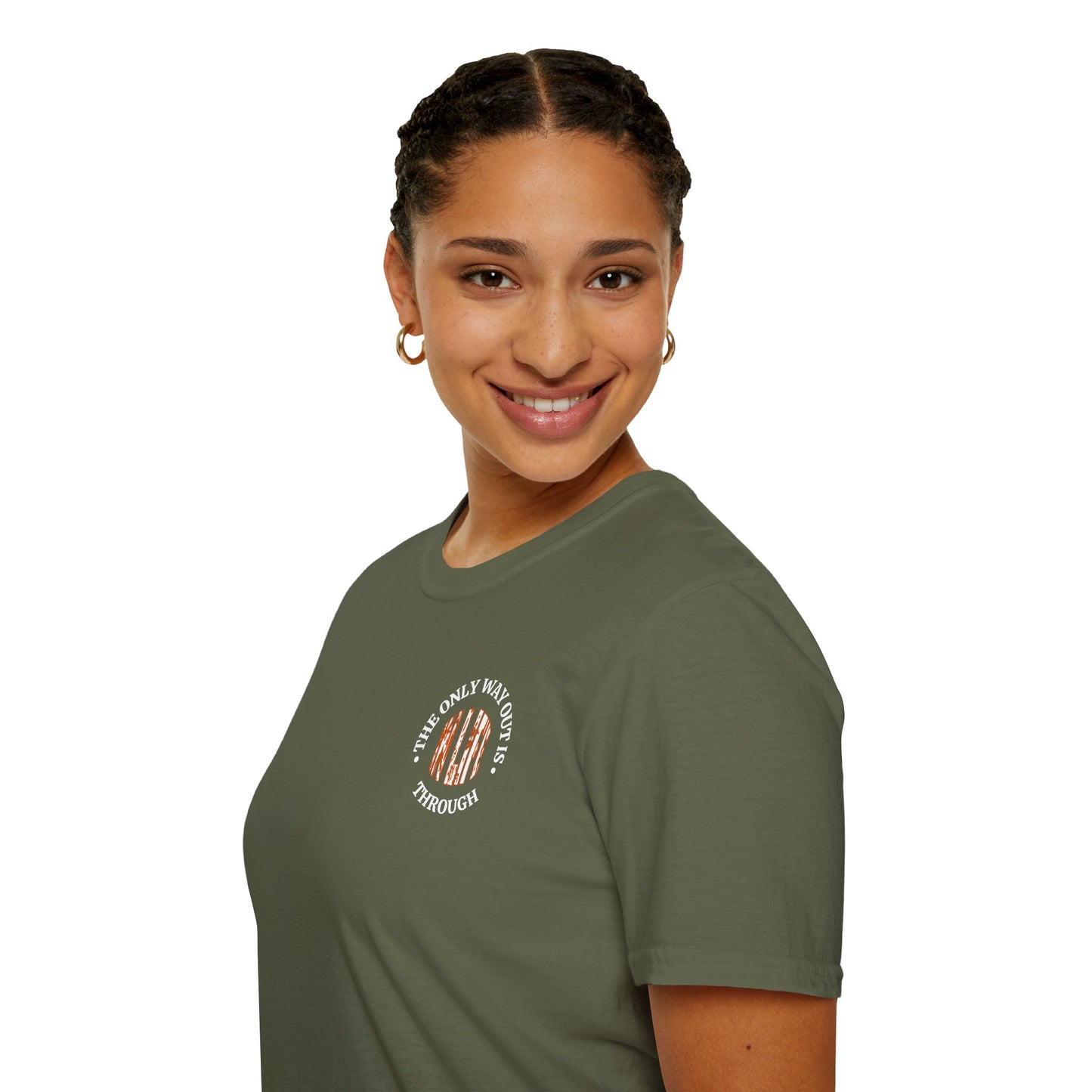 Motivational Unisex Softstyle T-Shirt - In Life, The Only Way Out Is Through (Pocket Graphic)