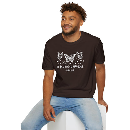 Faith-Inspired Butterfly T-Shirt (B) - 'He Restores My Soul' - Soft-style Tee for Spiritual Gifts, Inspirational Wear