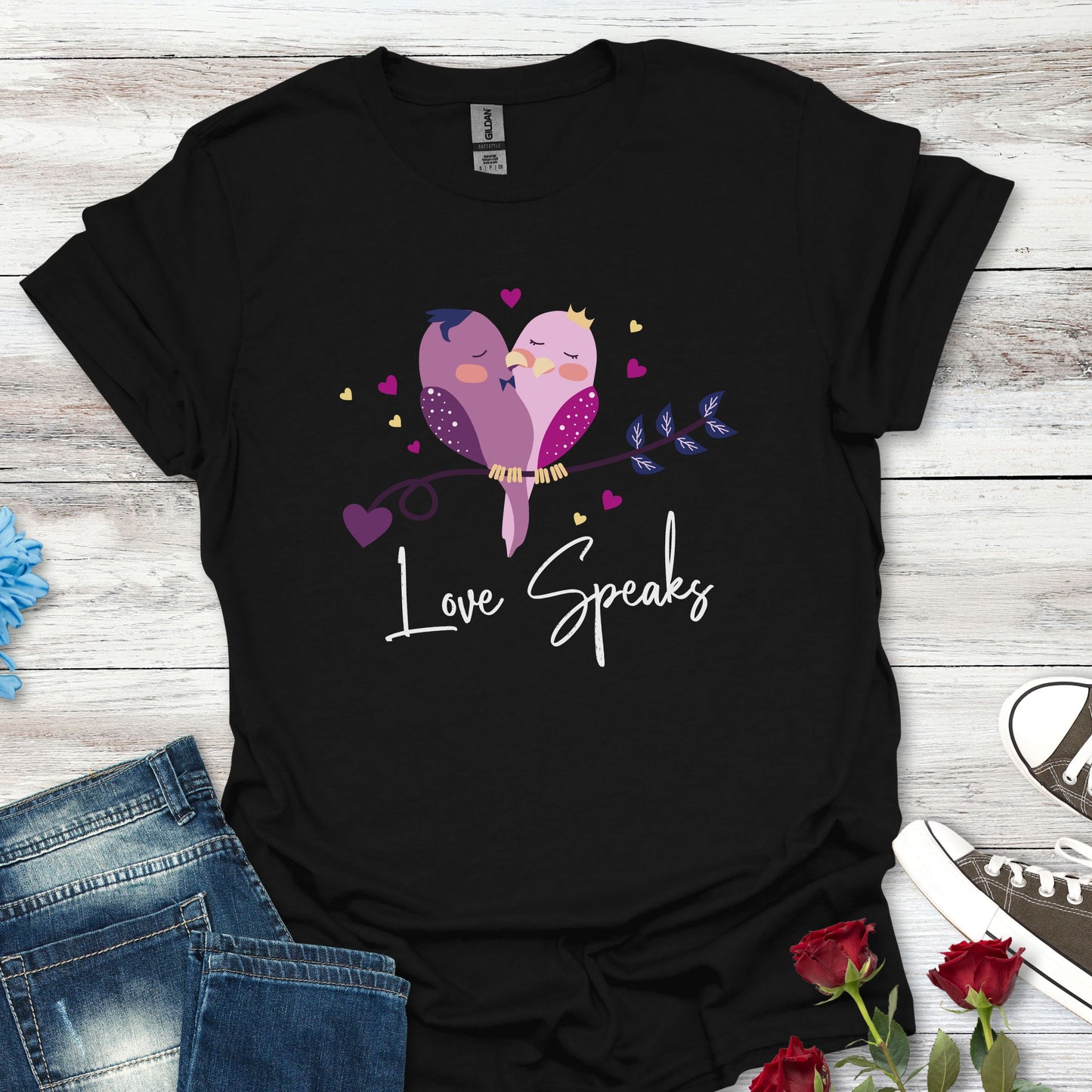Love Speaks T-Shirt, Cute Bird Graphic Tee, Valentine's Day Gift, Relationship Shirt, Softstyle Top