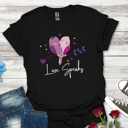 Love Speaks T-Shirt, Cute Bird Graphic Tee, Valentine's Day Gift, Relationship Shirt, Softstyle Top