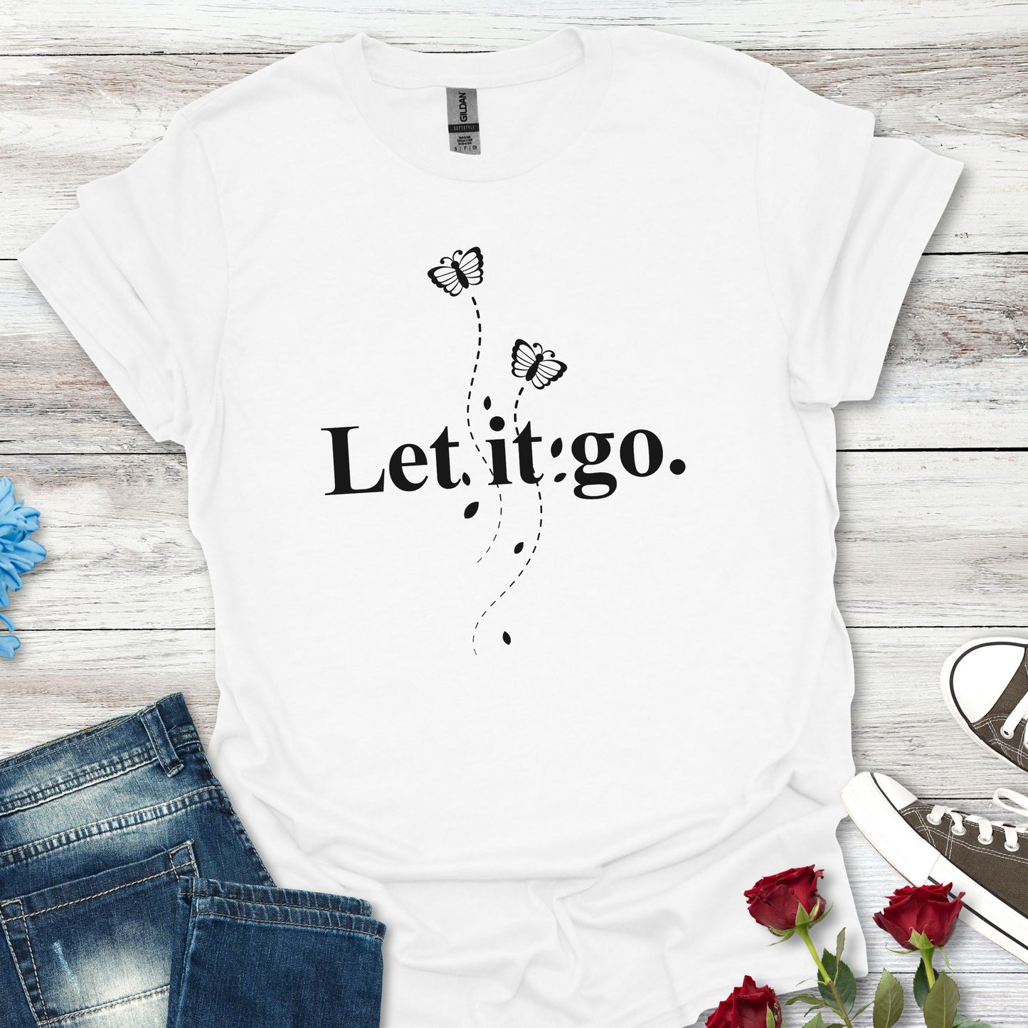 Let it go T-Shirt — Minimalist Inspirational Tee with Butterfly Design
