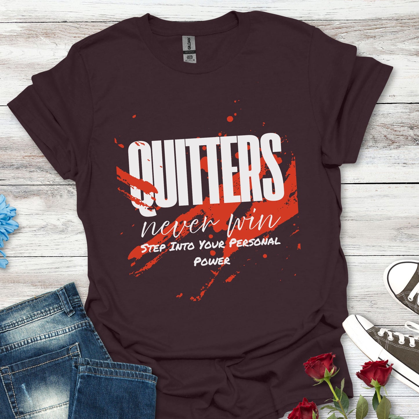 Quitters Never Win T-Shirt — Motivational Graphic Tee with Red Paint Stroke