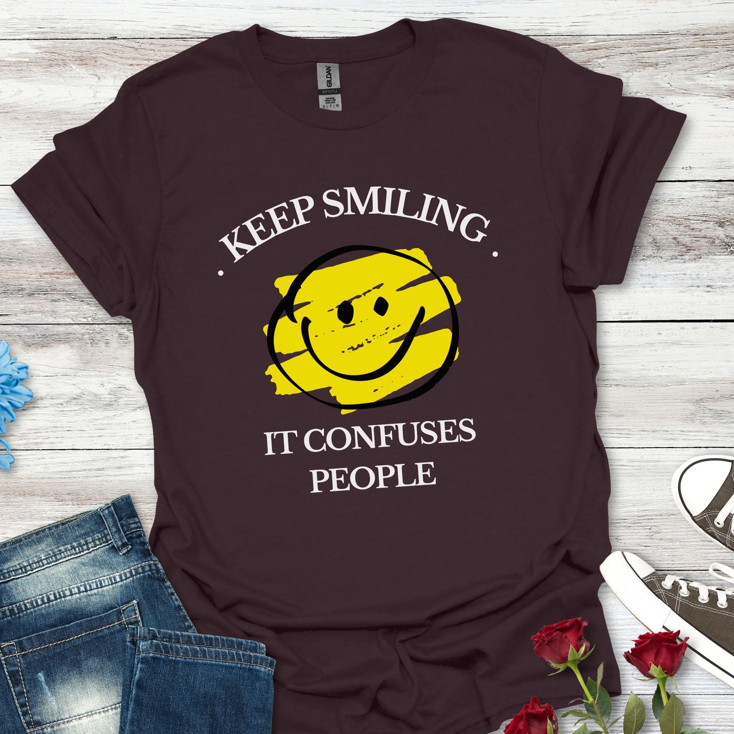 Keep Smiling, It Confuses People Graphic T-Shirt — Hand-Drawn Yellow Happy Emoji Tee