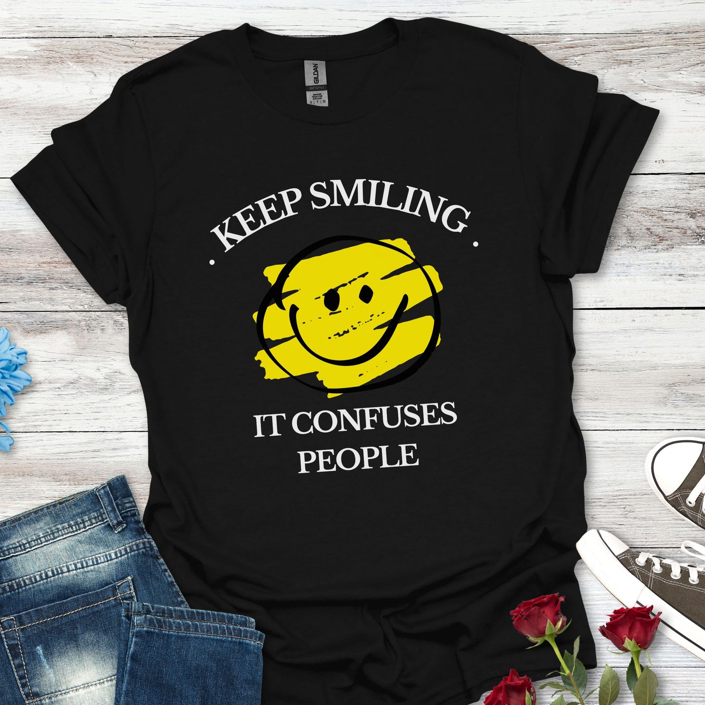 Keep Smiling, It Confuses People Graphic T-Shirt — Hand-Drawn Yellow Happy Emoji Tee