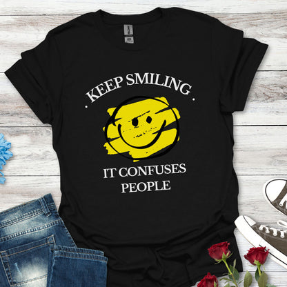 Keep Smiling, It Confuses People Graphic T-Shirt — Hand-Drawn Yellow Happy Emoji Tee