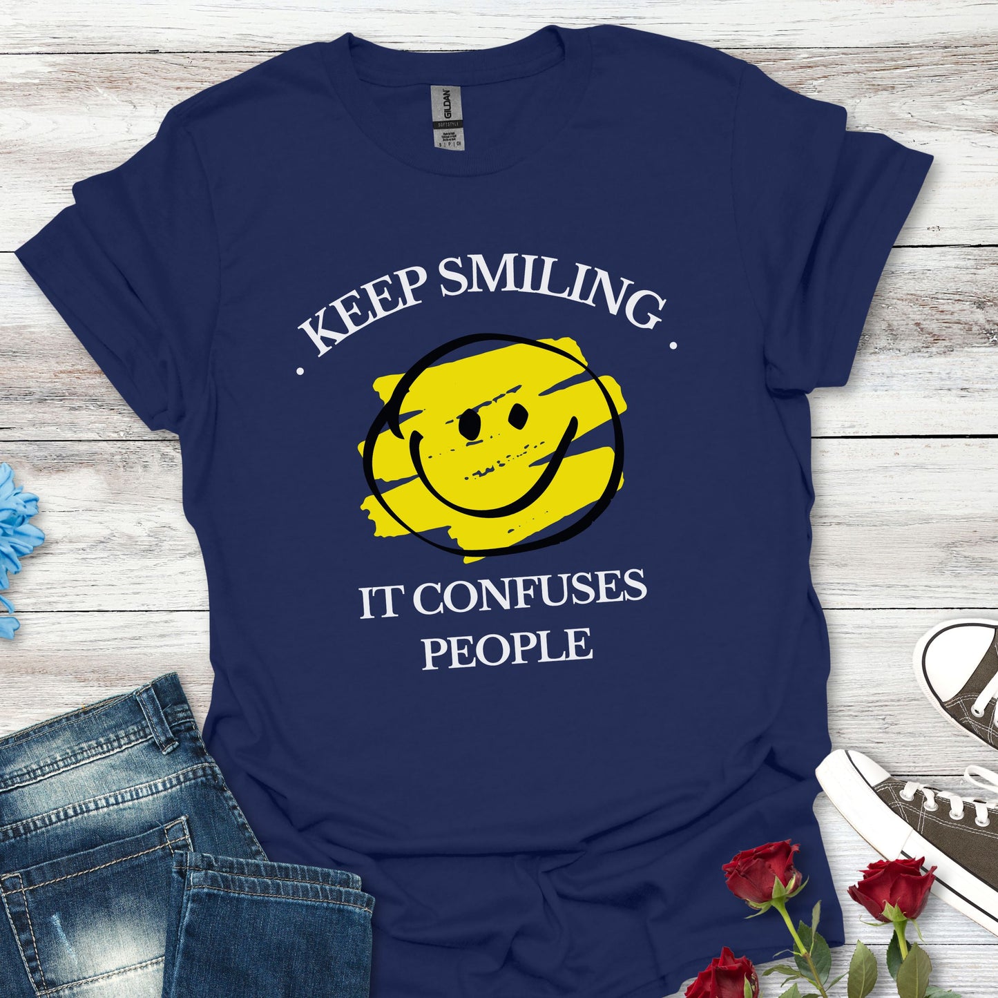 Keep Smiling, It Confuses People Graphic T-Shirt — Hand-Drawn Yellow Happy Emoji Tee