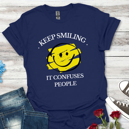 Keep Smiling, It Confuses People Graphic T-Shirt — Hand-Drawn Yellow Happy Emoji Tee