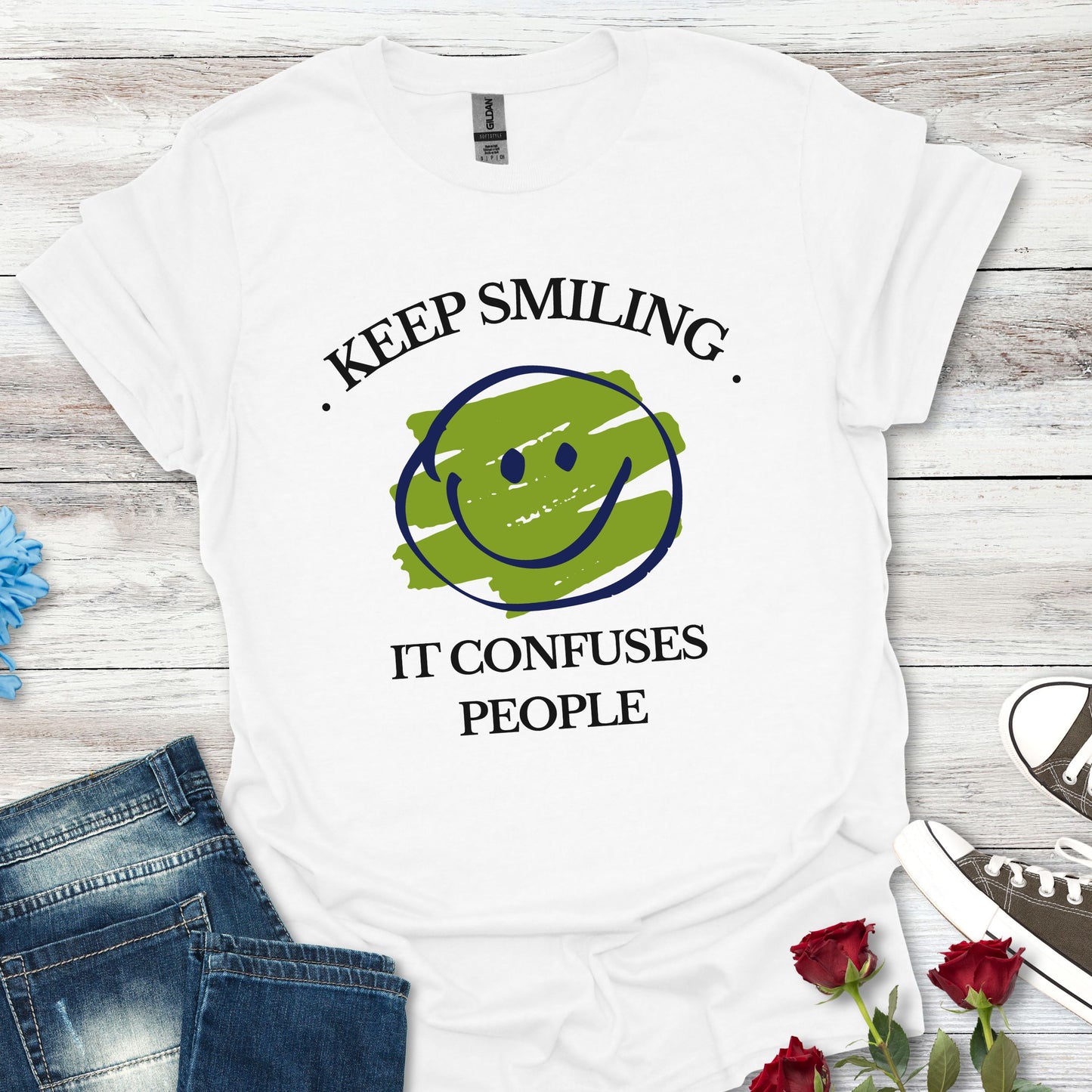 Keep Smiling, It Confuses People Graphic T-Shirt — Hand-Drawn Yellow Happy Emoji Tee