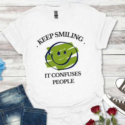Keep Smiling, It Confuses People Graphic T-Shirt — Hand-Drawn Yellow Happy Emoji Tee