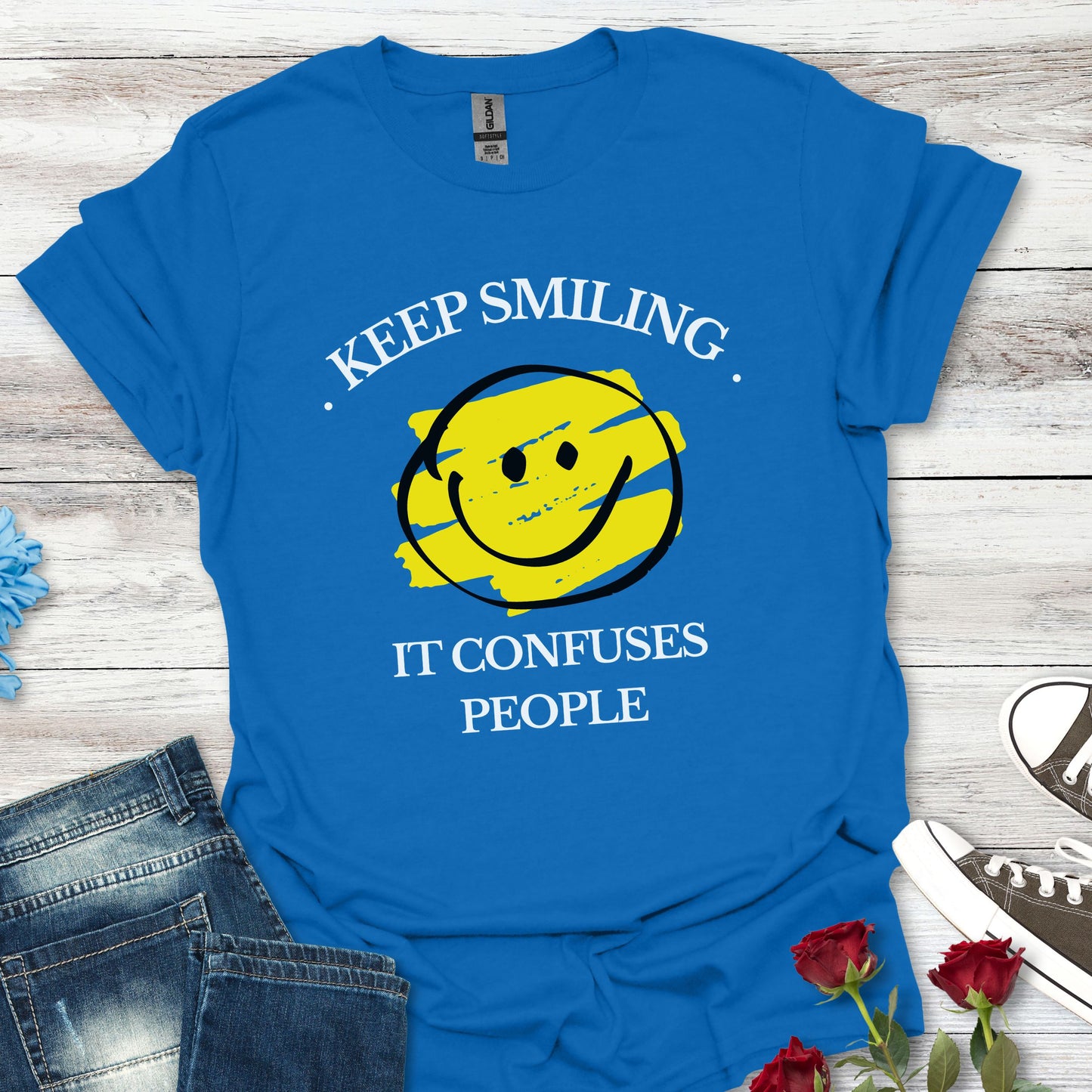 Keep Smiling, It Confuses People Graphic T-Shirt — Hand-Drawn Yellow Happy Emoji Tee