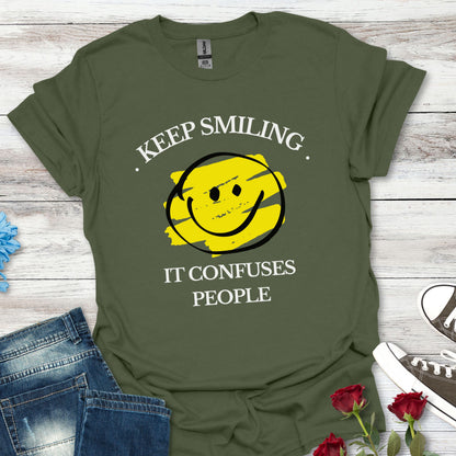 Keep Smiling, It Confuses People Graphic T-Shirt — Hand-Drawn Yellow Happy Emoji Tee