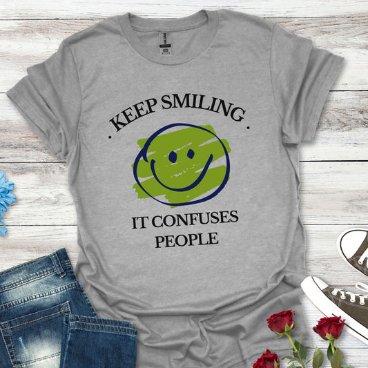 Keep Smiling, It Confuses People Graphic T-Shirt — Hand-Drawn Yellow Happy Emoji Tee