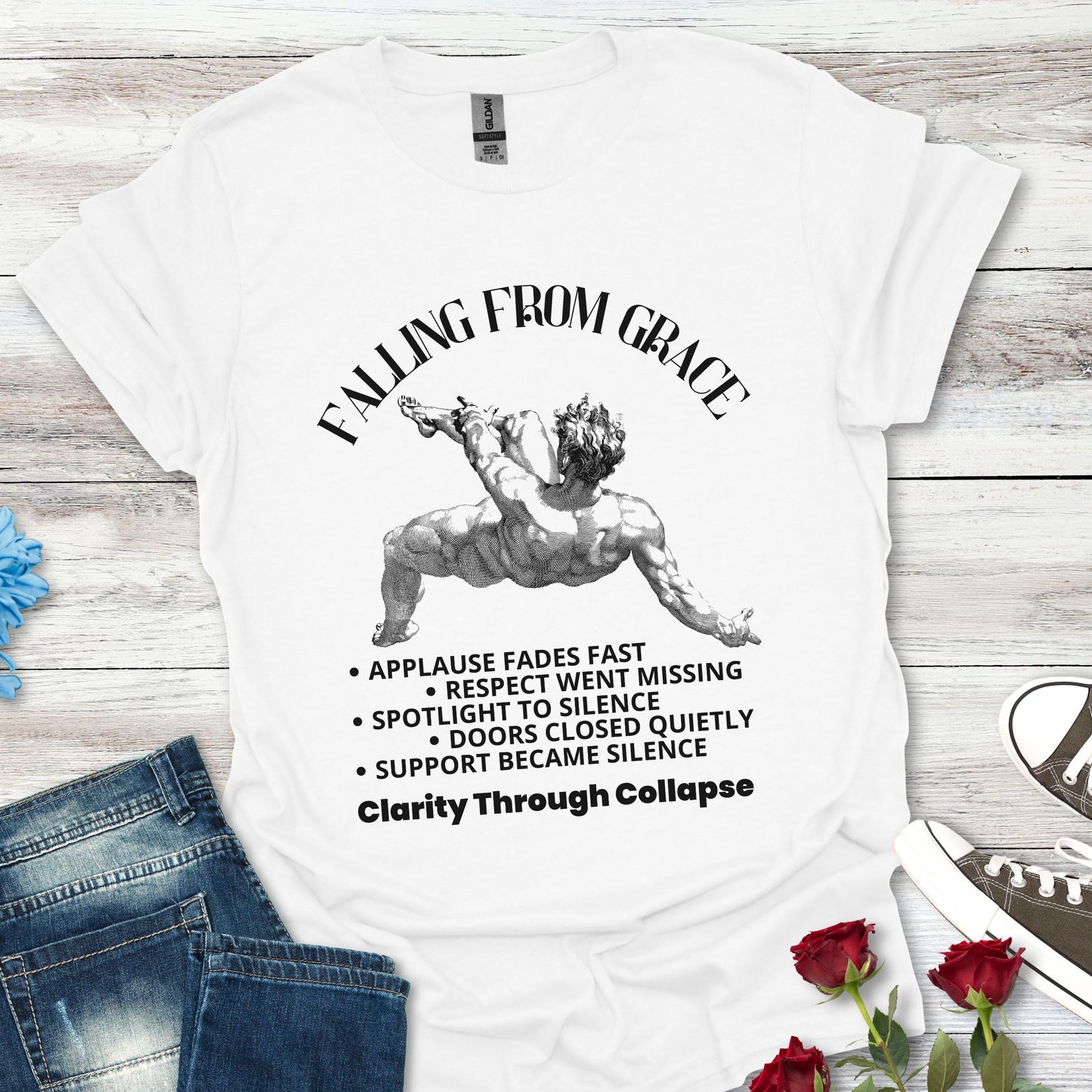 Falling From Grace Graphic T-Shirt – 'Clarity Through Collapse' Vintage Angel Tee