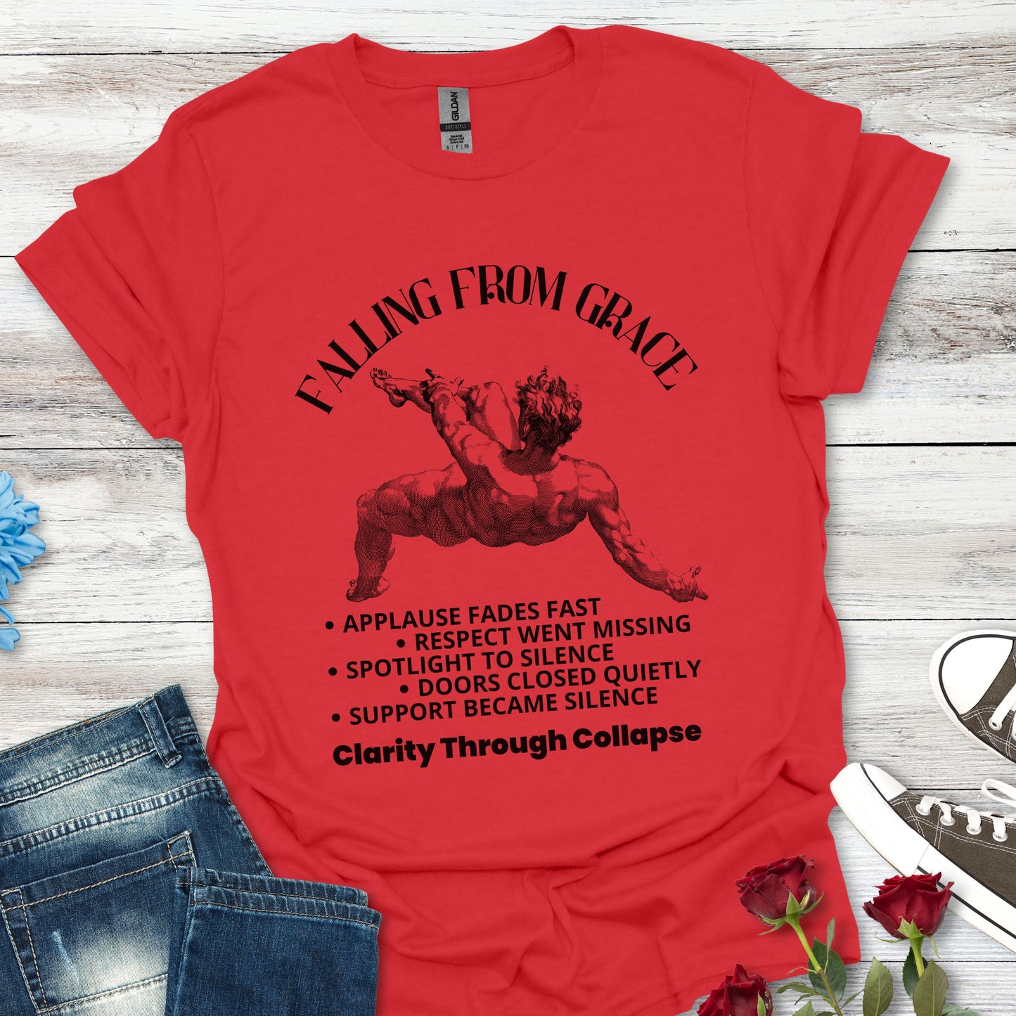 Falling From Grace Graphic T-Shirt – 'Clarity Through Collapse' Vintage Angel Tee