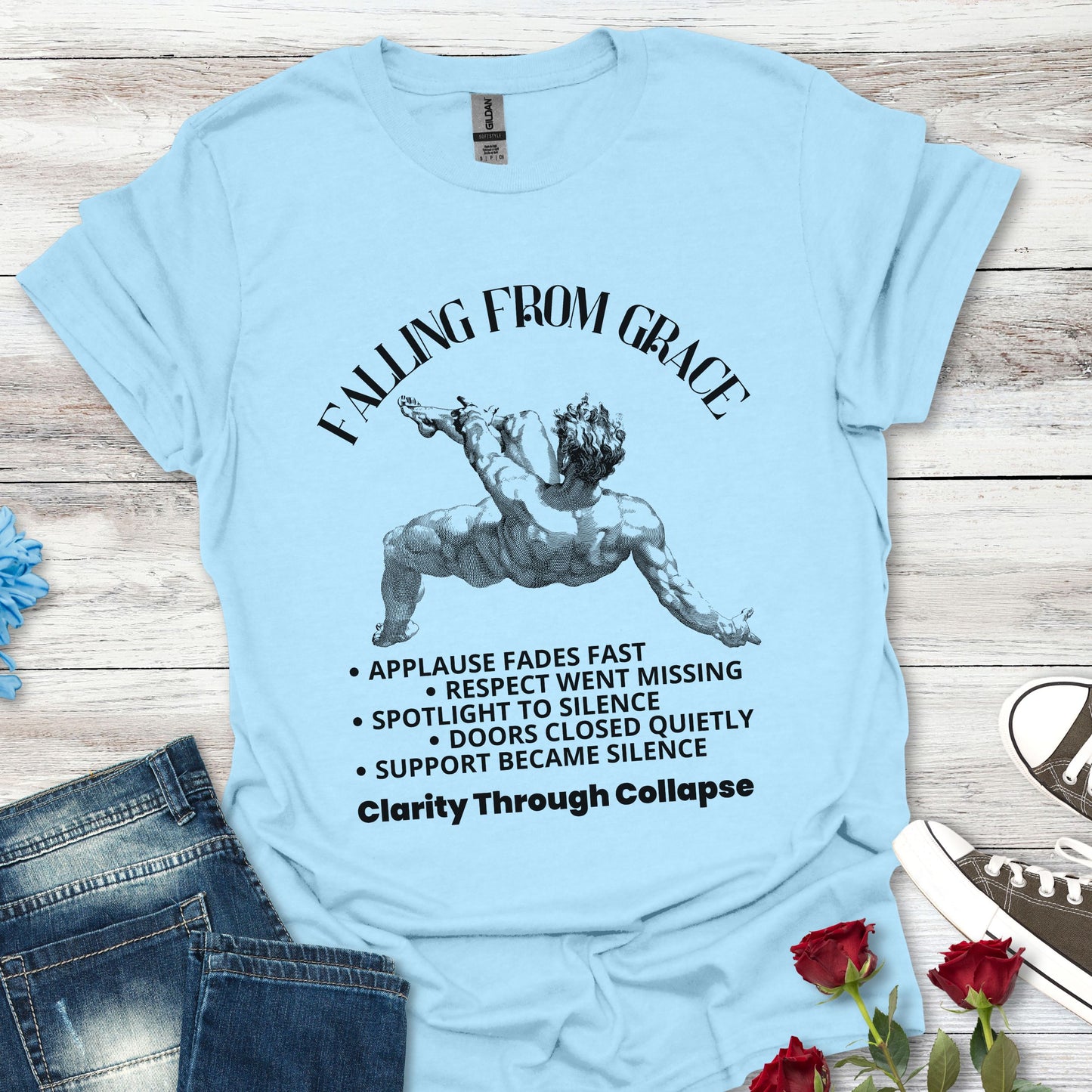 Falling From Grace Graphic T-Shirt – 'Clarity Through Collapse' Vintage Angel Tee