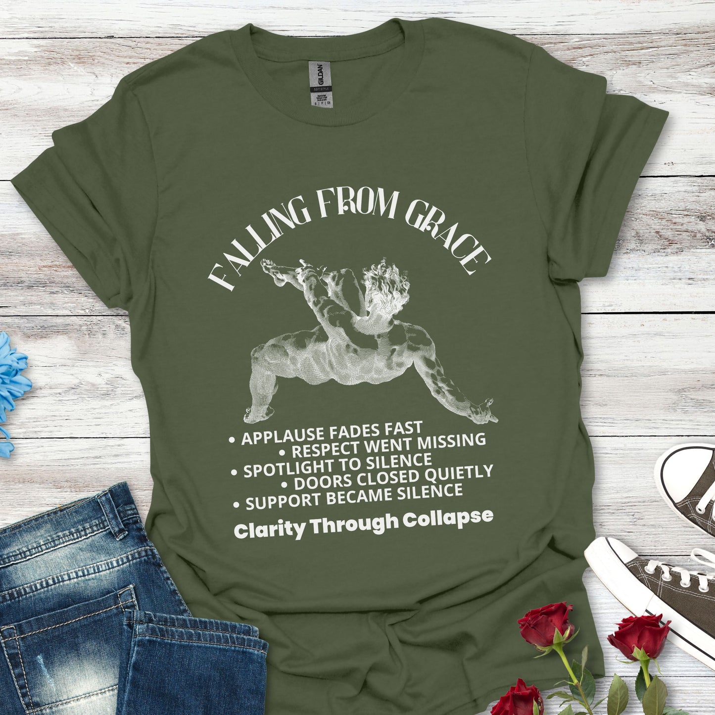 Falling From Grace Graphic T-Shirt – 'Clarity Through Collapse' Vintage Angel Tee