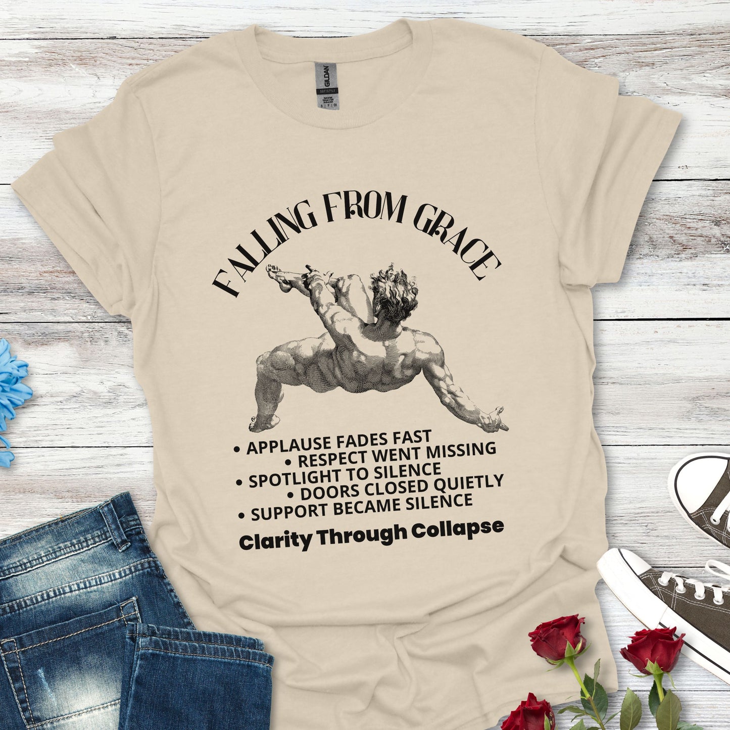 Falling From Grace Graphic T-Shirt – 'Clarity Through Collapse' Vintage Angel Tee