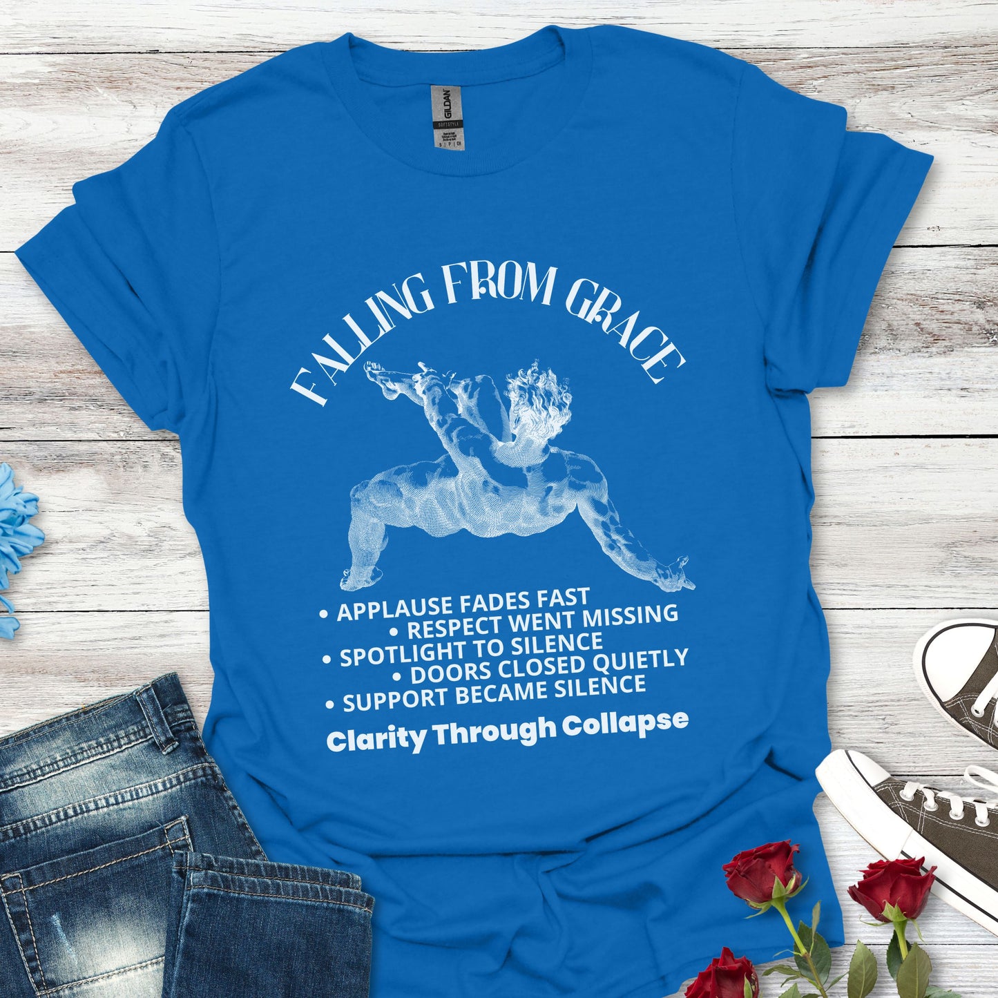 Falling From Grace Graphic T-Shirt – 'Clarity Through Collapse' Vintage Angel Tee