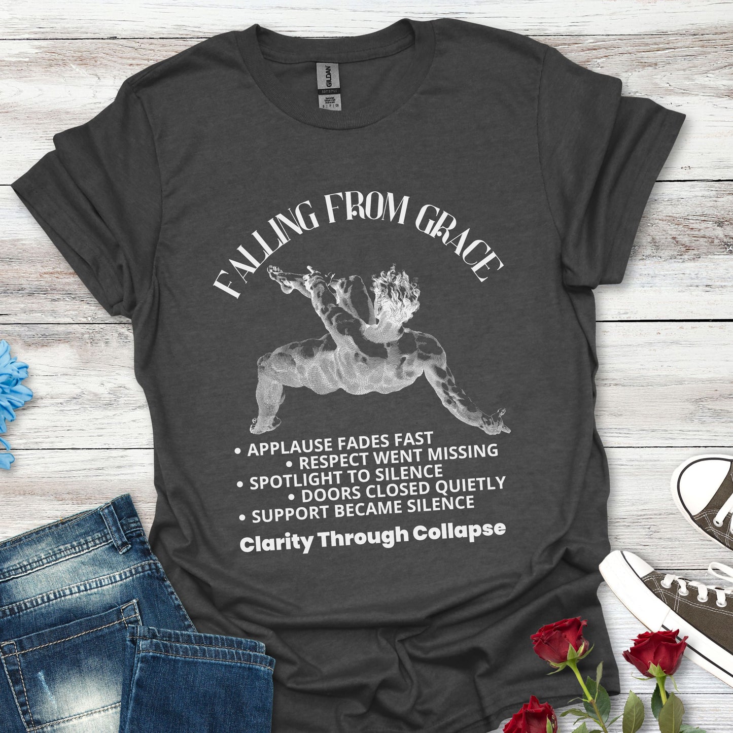 Falling From Grace Graphic T-Shirt – 'Clarity Through Collapse' Vintage Angel Tee