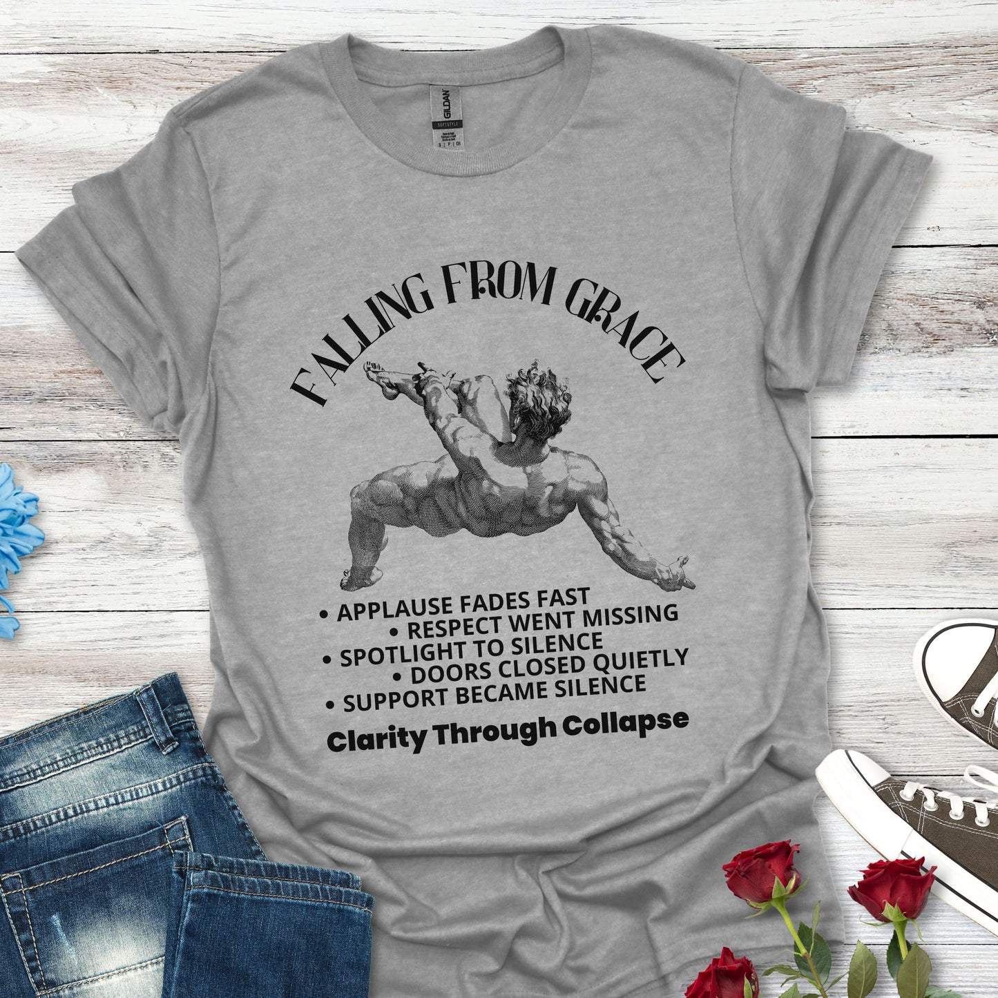 Falling From Grace Graphic T-Shirt – 'Clarity Through Collapse' Vintage Angel Tee