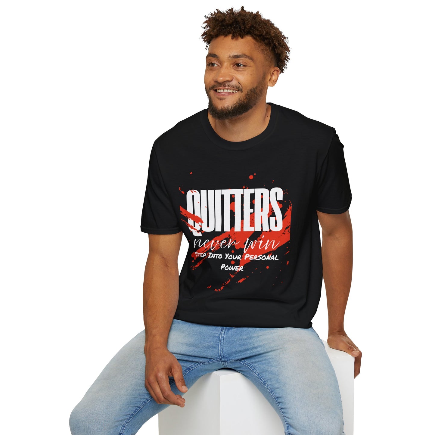 Quitters Never Win T-Shirt — Motivational Graphic Tee with Red Paint Stroke