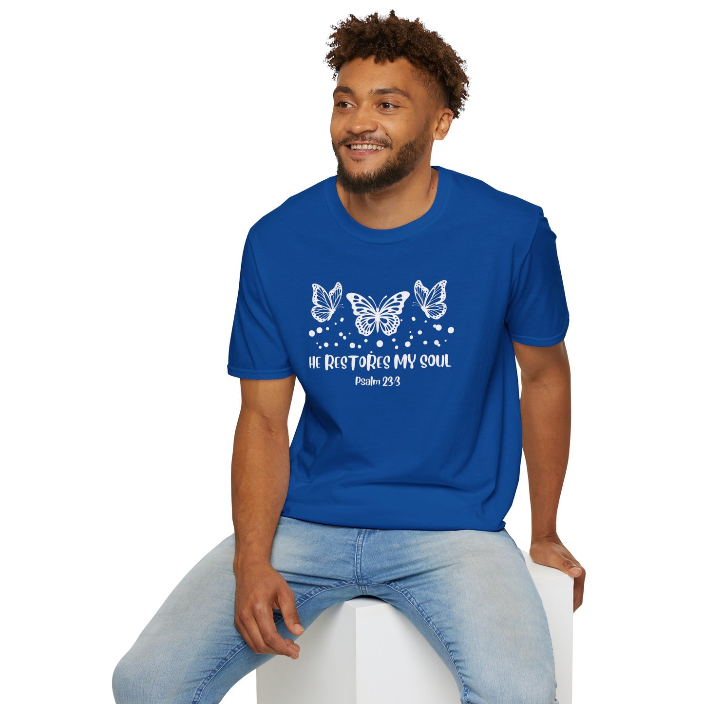 Faith-Inspired Butterfly T-Shirt (B) - 'He Restores My Soul' - Soft-style Tee for Spiritual Gifts, Inspirational Wear