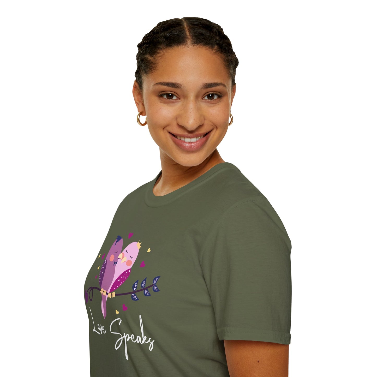 Love Speaks T-Shirt, Cute Bird Graphic Tee, Valentine's Day Gift, Relationship Shirt, Softstyle Top