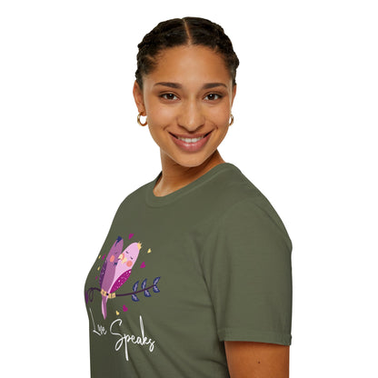 Love Speaks T-Shirt, Cute Bird Graphic Tee, Valentine's Day Gift, Relationship Shirt, Softstyle Top