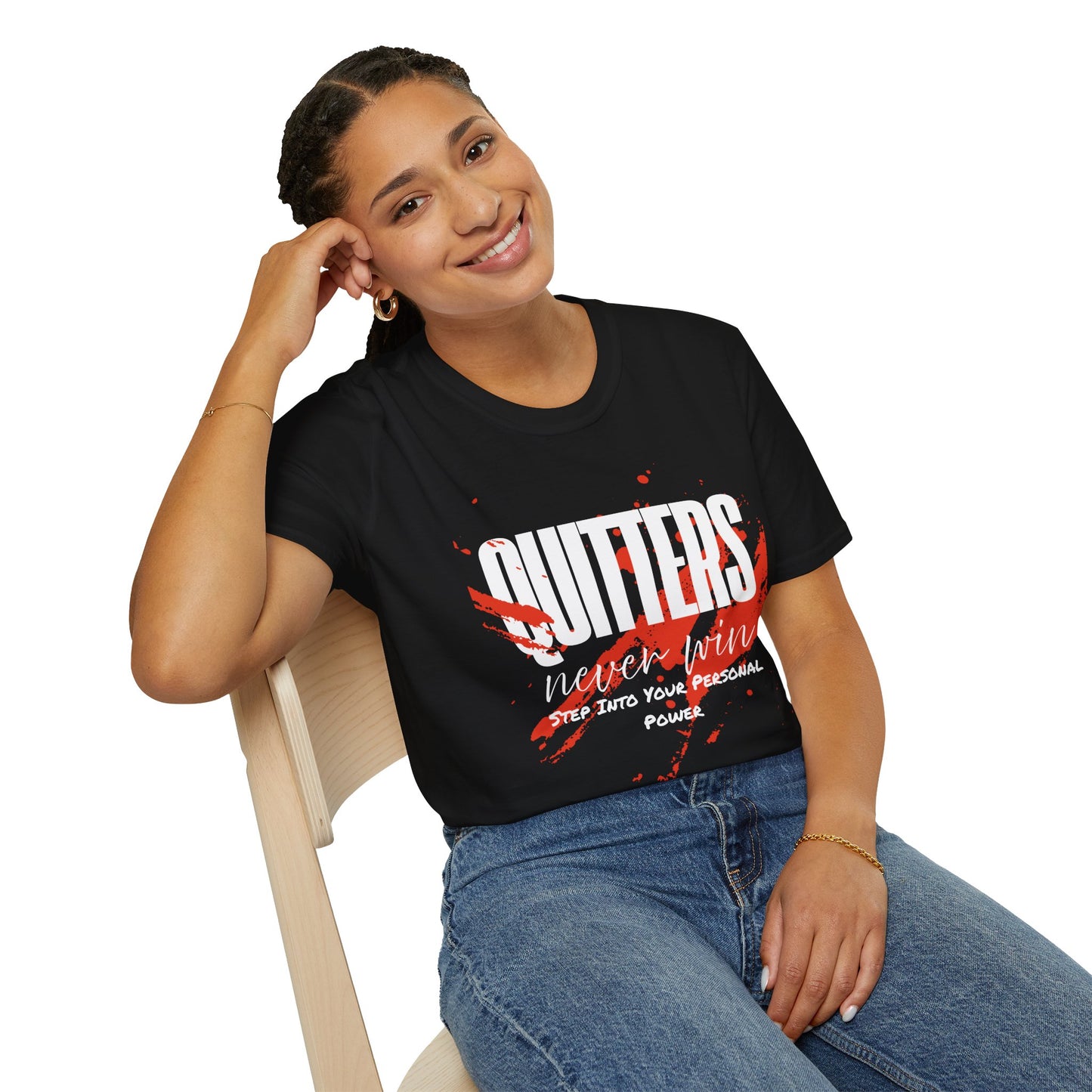 Quitters Never Win T-Shirt — Motivational Graphic Tee with Red Paint Stroke