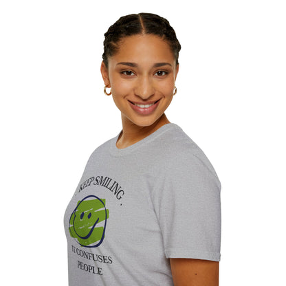 Keep Smiling, It Confuses People Graphic T-Shirt — Hand-Drawn Yellow Happy Emoji Tee