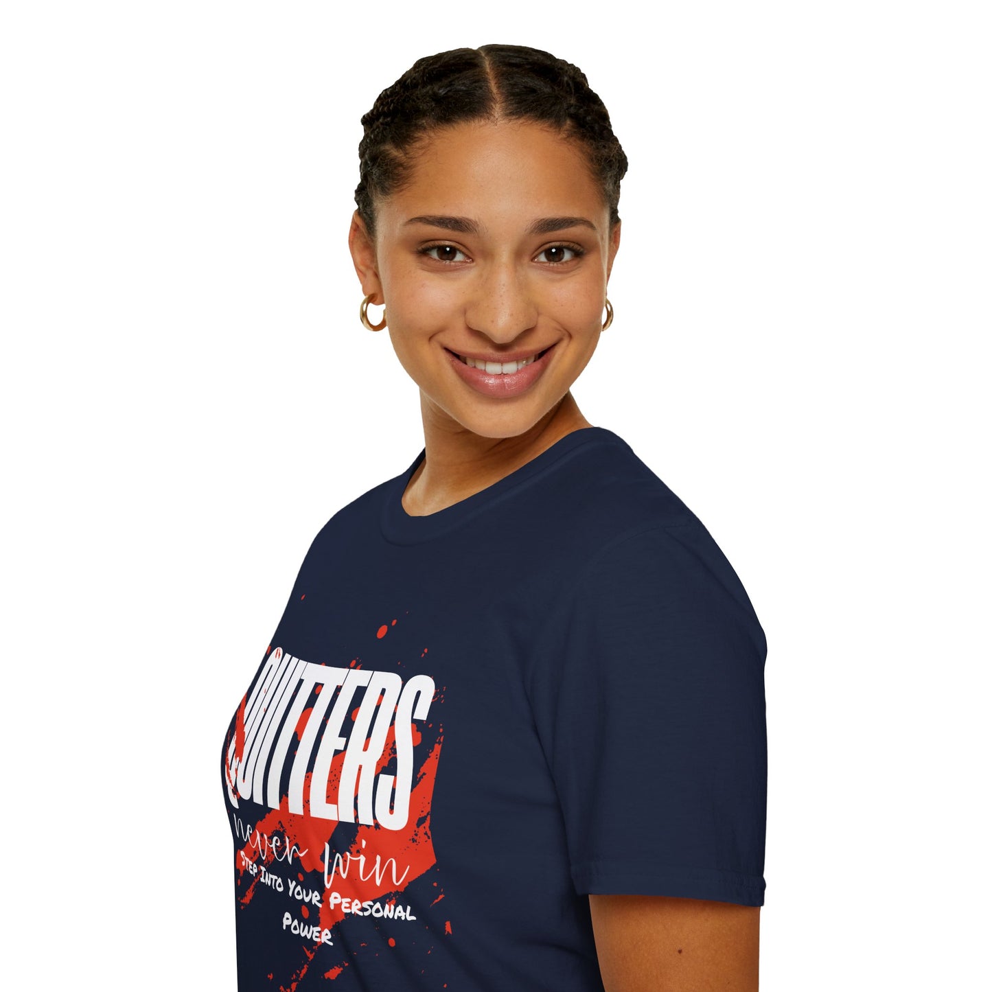 Quitters Never Win T-Shirt — Motivational Graphic Tee with Red Paint Stroke