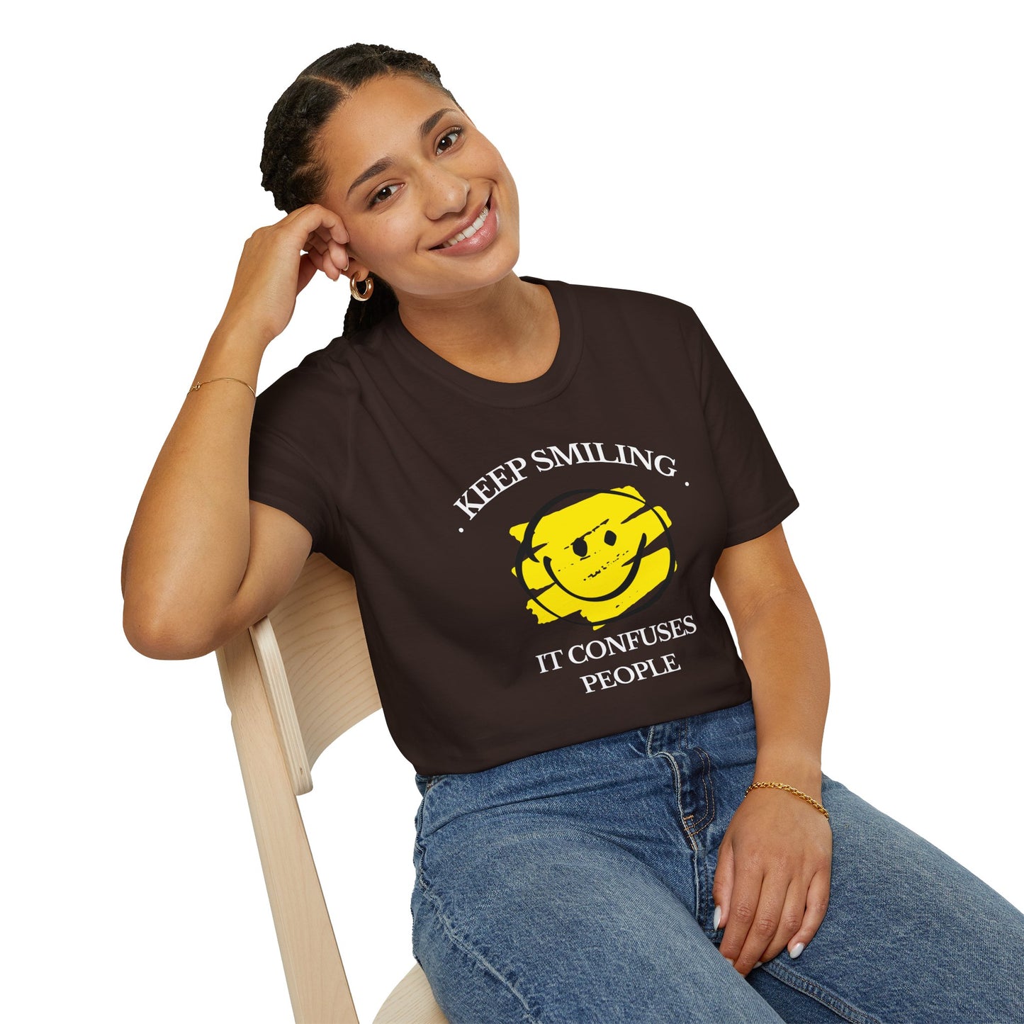 Keep Smiling, It Confuses People Graphic T-Shirt — Hand-Drawn Yellow Happy Emoji Tee